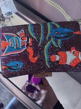 Sassy Jones Beaded Fish Motif Clutch in Purple, Blue, Orange